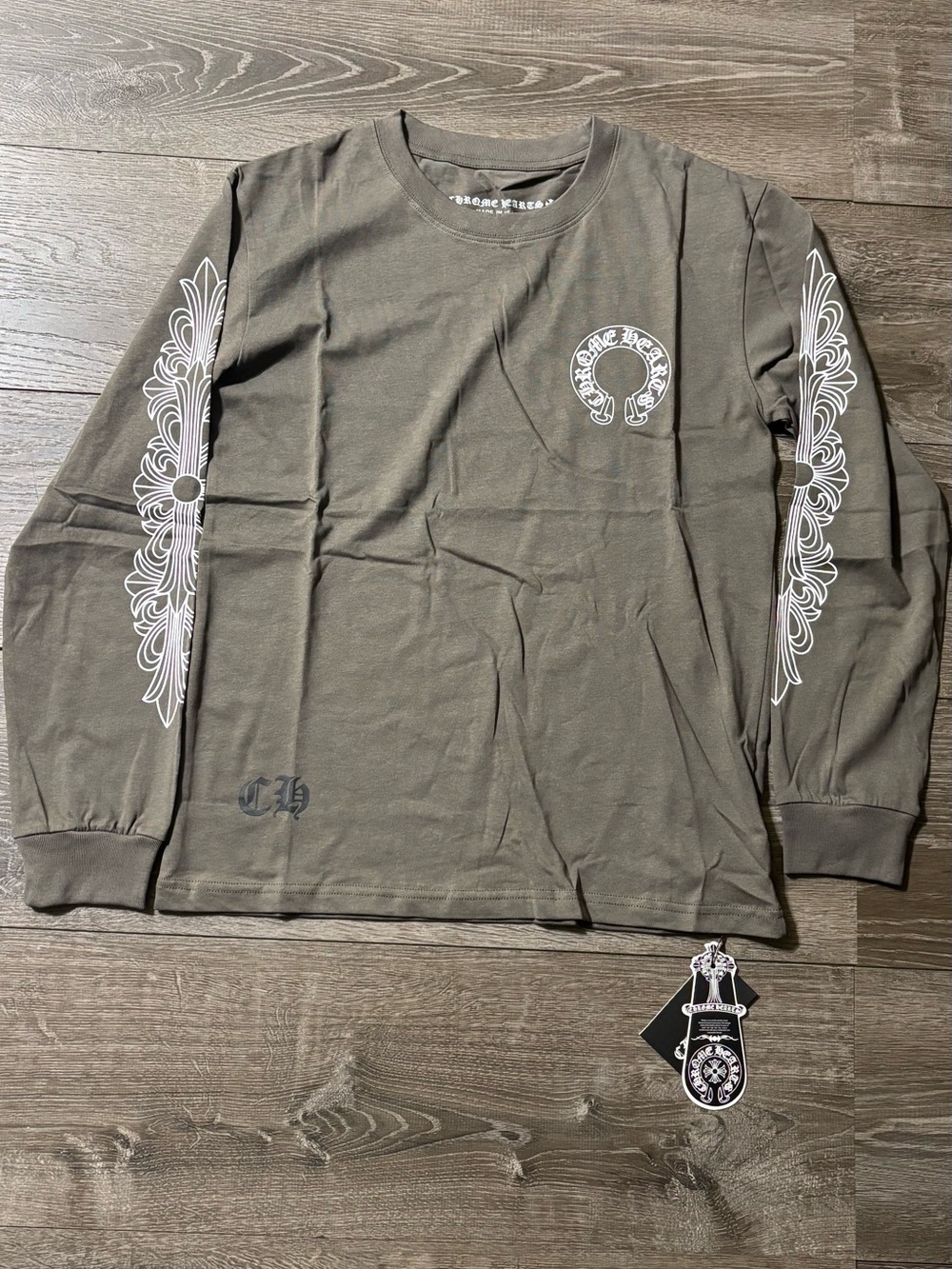Chrome Hearts Olive Green Long Sleeve Graphic Tee with White Sleeve Art